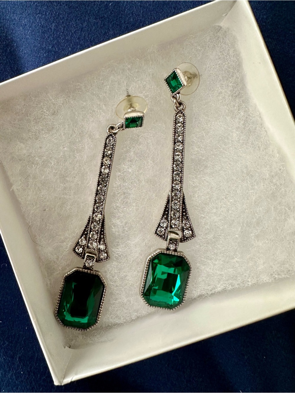 Art Deco Style Emerald & Silver Crystal Drop Post Earrings